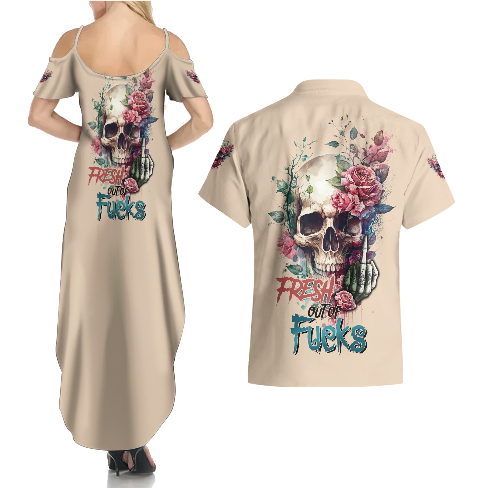 Fresh Out Of F Watercolor Skull Couples Matching Summer Maxi Dress and Hawaiian Shirt - Wonder Print Shop