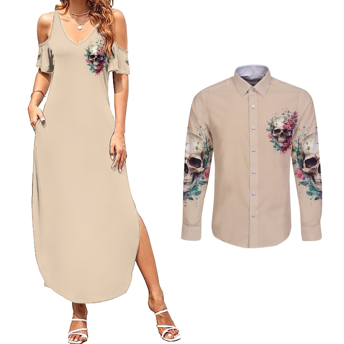 Fresh Out Of F Watercolor Skull Couples Matching Summer Maxi Dress and Long Sleeve Button Shirt - Wonder Print Shop