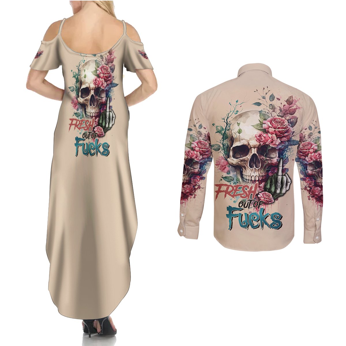 Fresh Out Of F Watercolor Skull Couples Matching Summer Maxi Dress and Long Sleeve Button Shirt - Wonder Print Shop