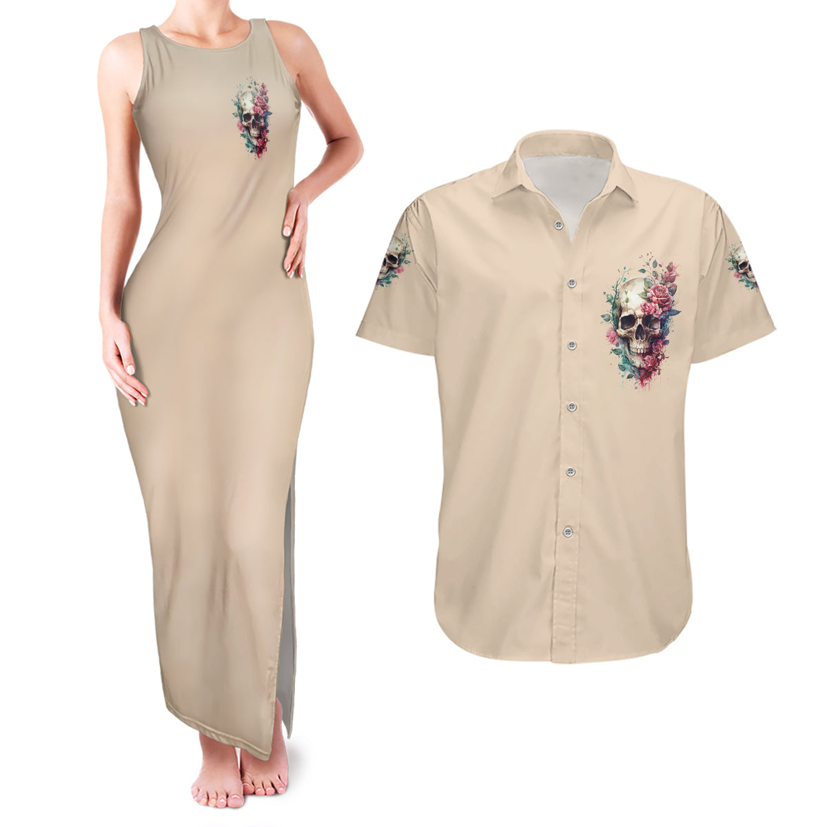 Fresh Out Of F Watercolor Skull Couples Matching Tank Maxi Dress and Hawaiian Shirt - Wonder Print Shop