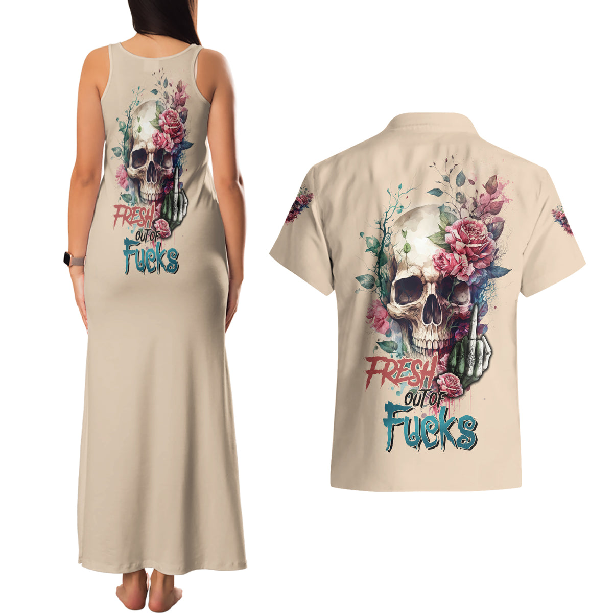 Fresh Out Of F Watercolor Skull Couples Matching Tank Maxi Dress and Hawaiian Shirt - Wonder Print Shop