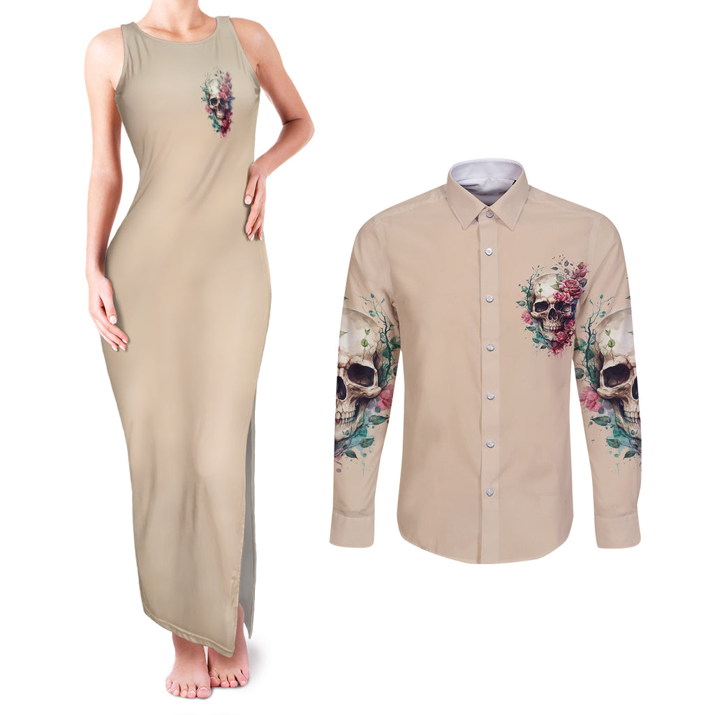 Fresh Out Of F Watercolor Skull Couples Matching Tank Maxi Dress and Long Sleeve Button Shirt - Wonder Print Shop