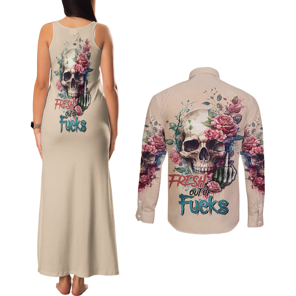 Fresh Out Of F Watercolor Skull Couples Matching Tank Maxi Dress and Long Sleeve Button Shirt - Wonder Print Shop