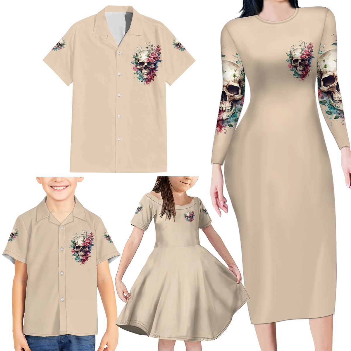 Fresh Out Of F Watercolor Skull Family Matching Long Sleeve Bodycon Dress and Hawaiian Shirt - Wonder Print Shop