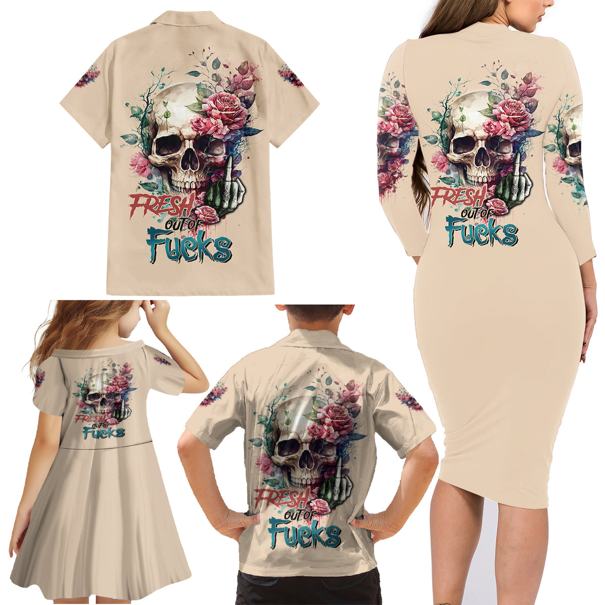 Fresh Out Of F Watercolor Skull Family Matching Long Sleeve Bodycon Dress and Hawaiian Shirt - Wonder Print Shop