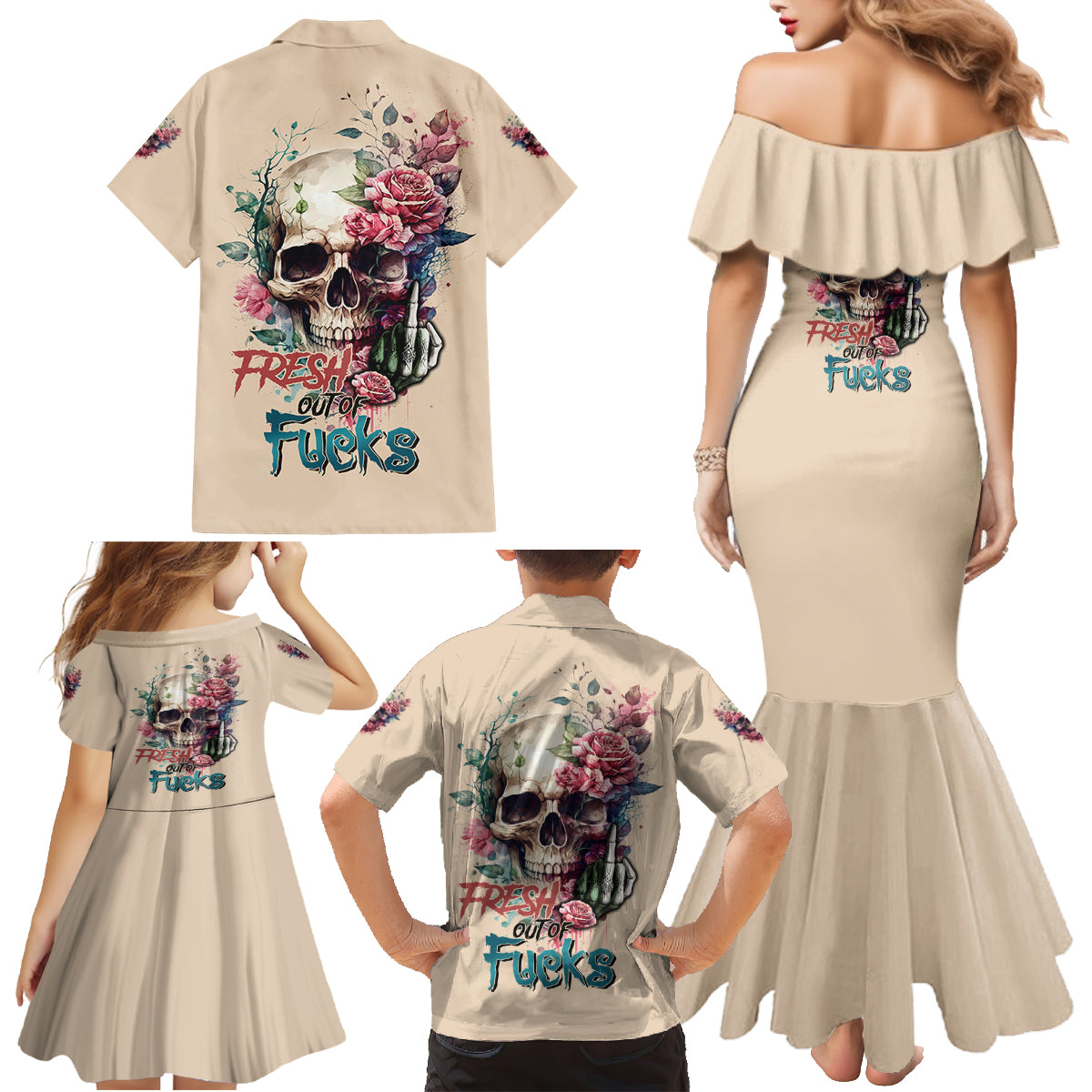 Fresh Out Of F Watercolor Skull Family Matching Mermaid Dress and Hawaiian Shirt - Wonder Print Shop