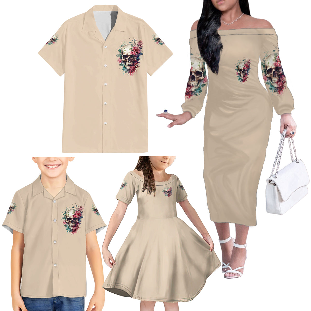 Fresh Out Of F Watercolor Skull Family Matching Off Shoulder Long Sleeve Dress and Hawaiian Shirt - Wonder Print Shop