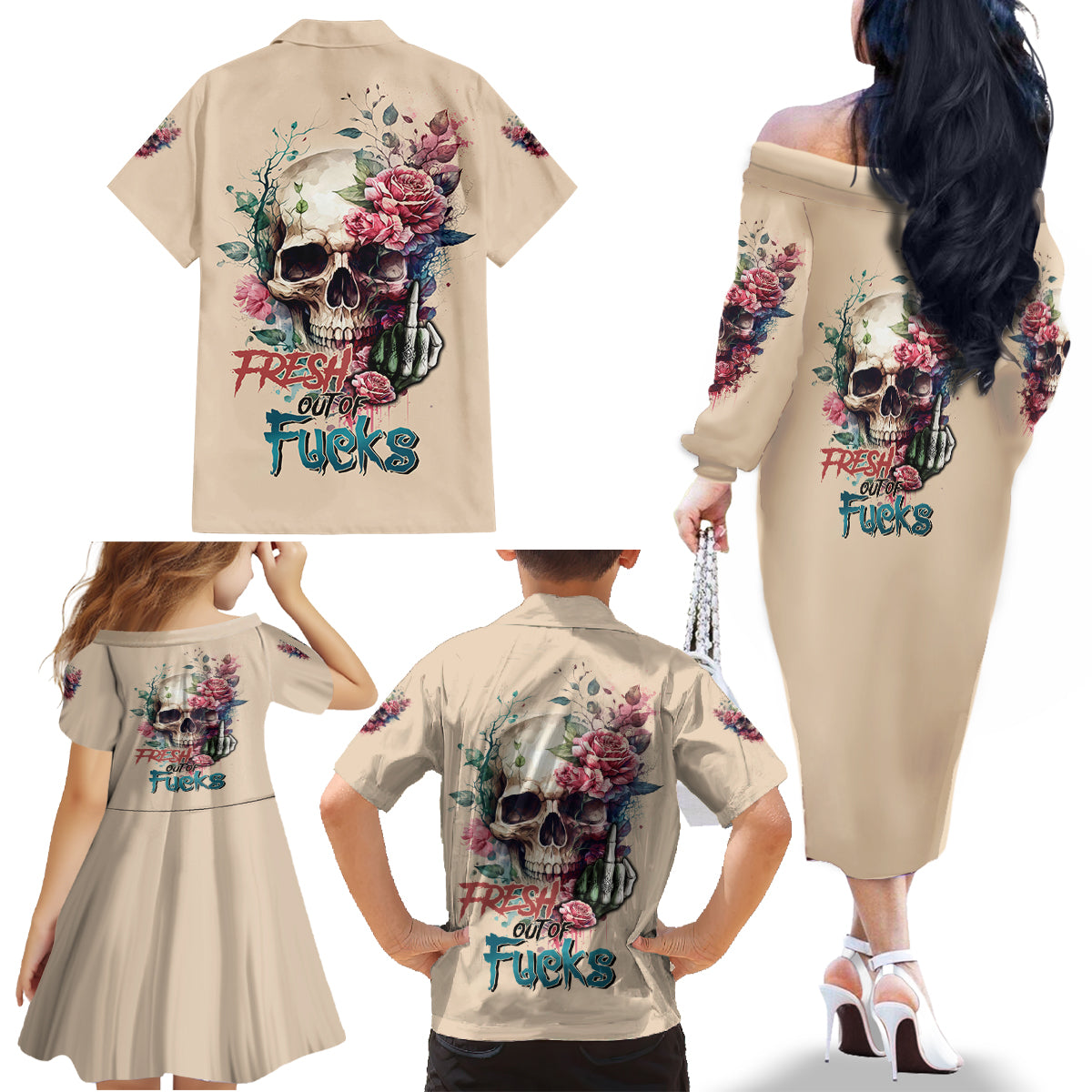 Fresh Out Of F Watercolor Skull Family Matching Off Shoulder Long Sleeve Dress and Hawaiian Shirt - Wonder Print Shop