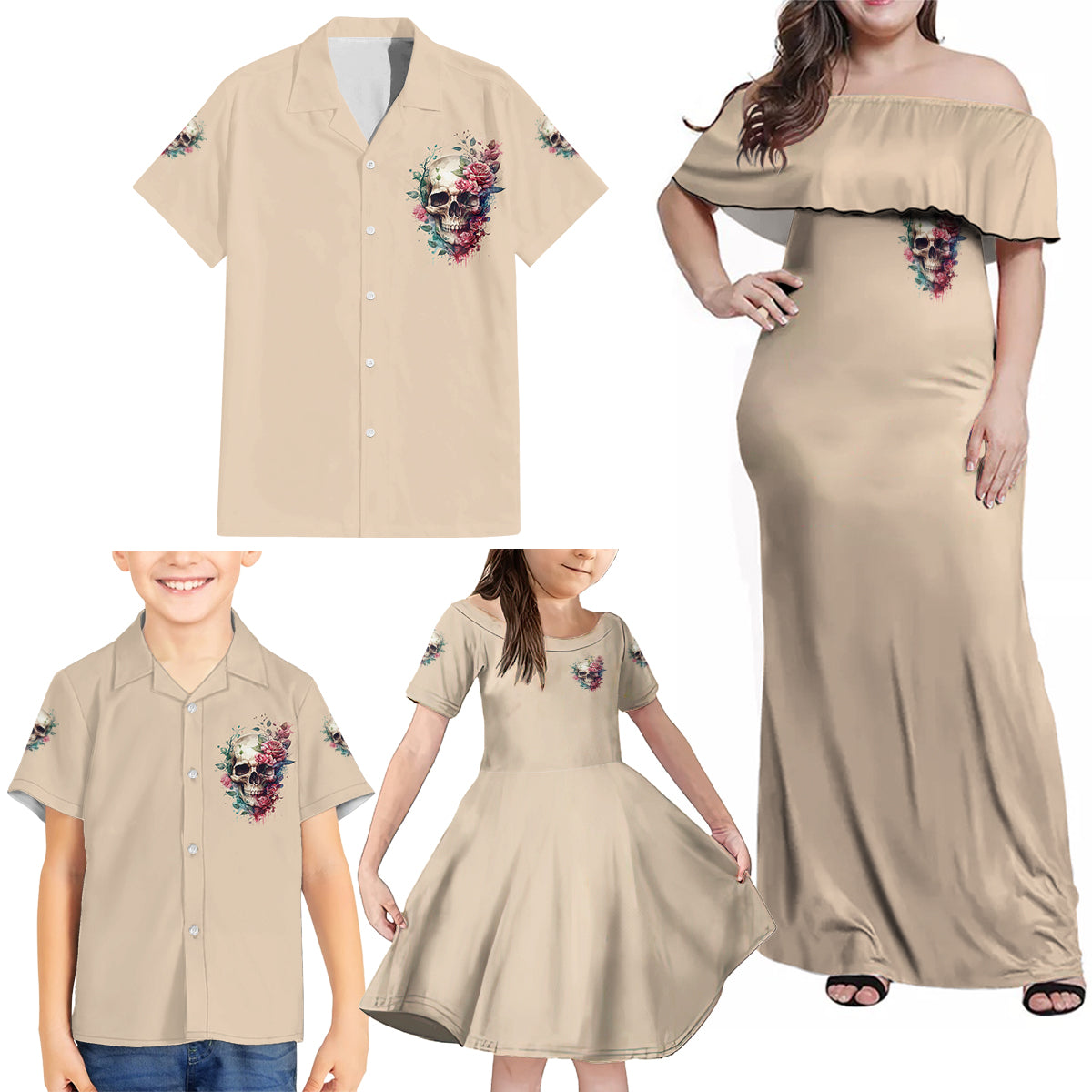 Fresh Out Of F Watercolor Skull Family Matching Off Shoulder Maxi Dress and Hawaiian Shirt - Wonder Print Shop