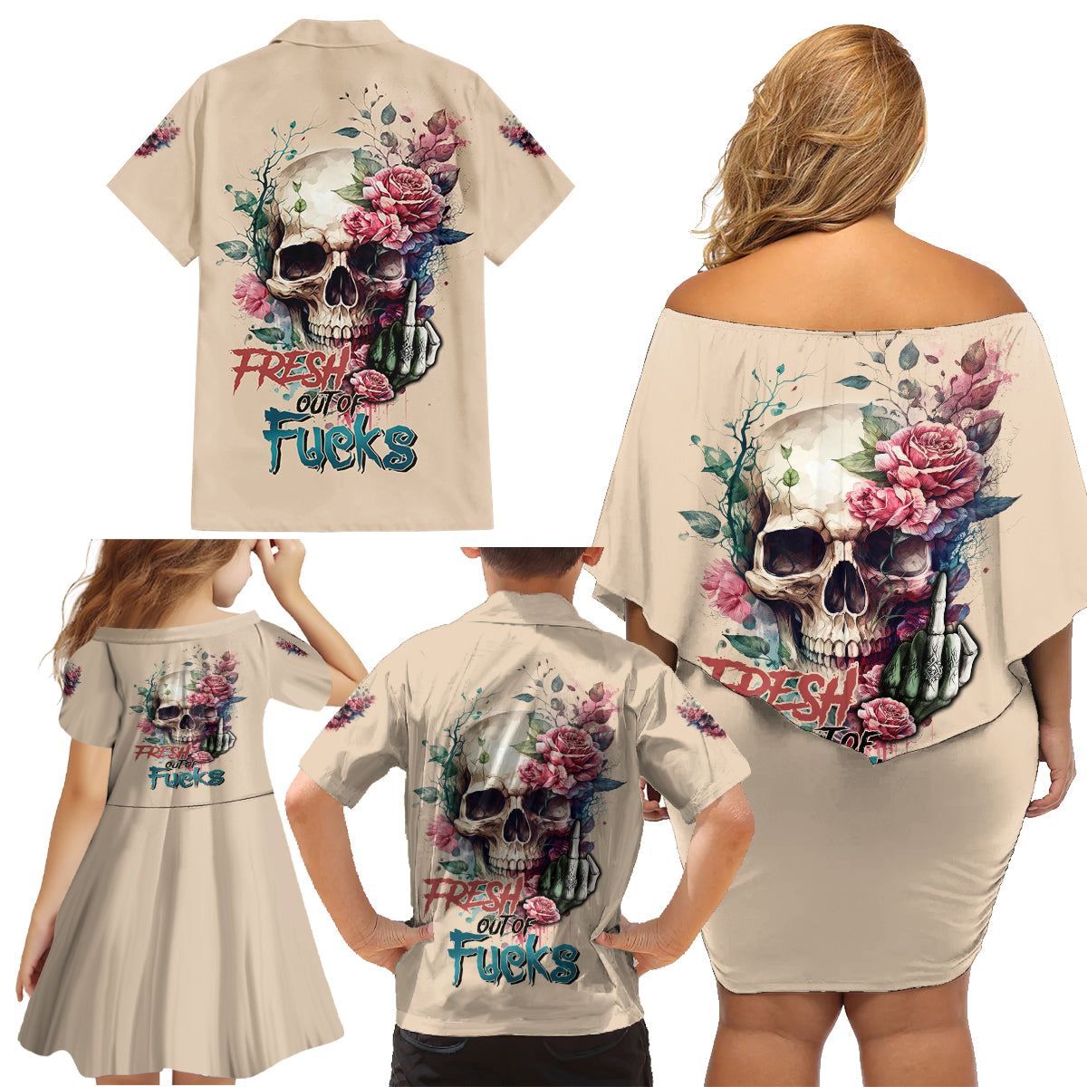 Fresh Out Of F Watercolor Skull Family Matching Off Shoulder Short Dress and Hawaiian Shirt - Wonder Print Shop