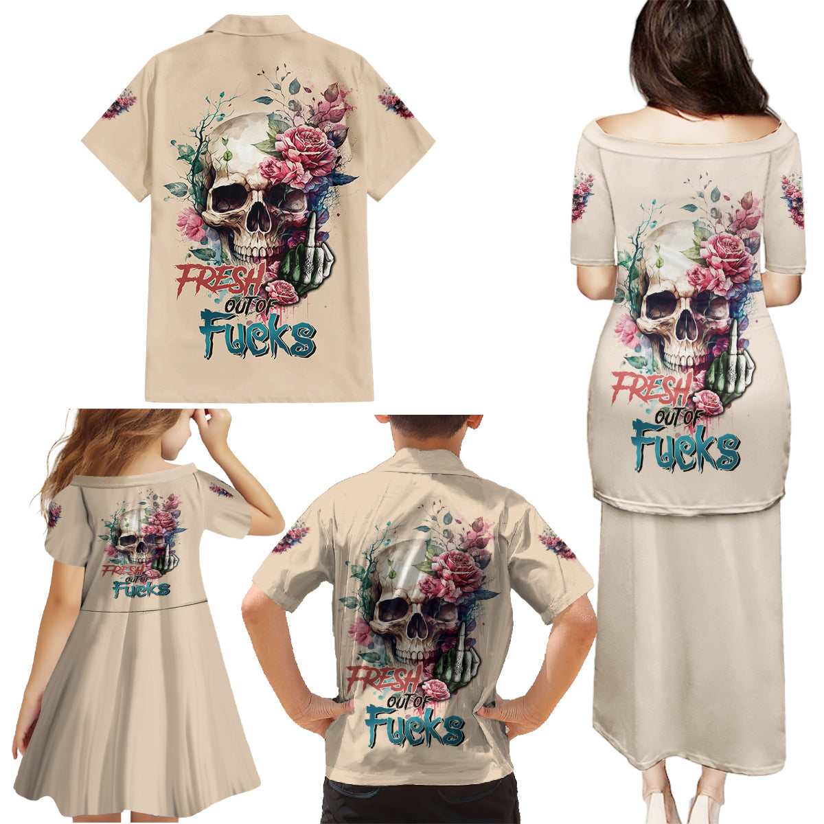 Fresh Out Of F Watercolor Skull Family Matching Puletasi Dress and Hawaiian Shirt - Wonder Print Shop