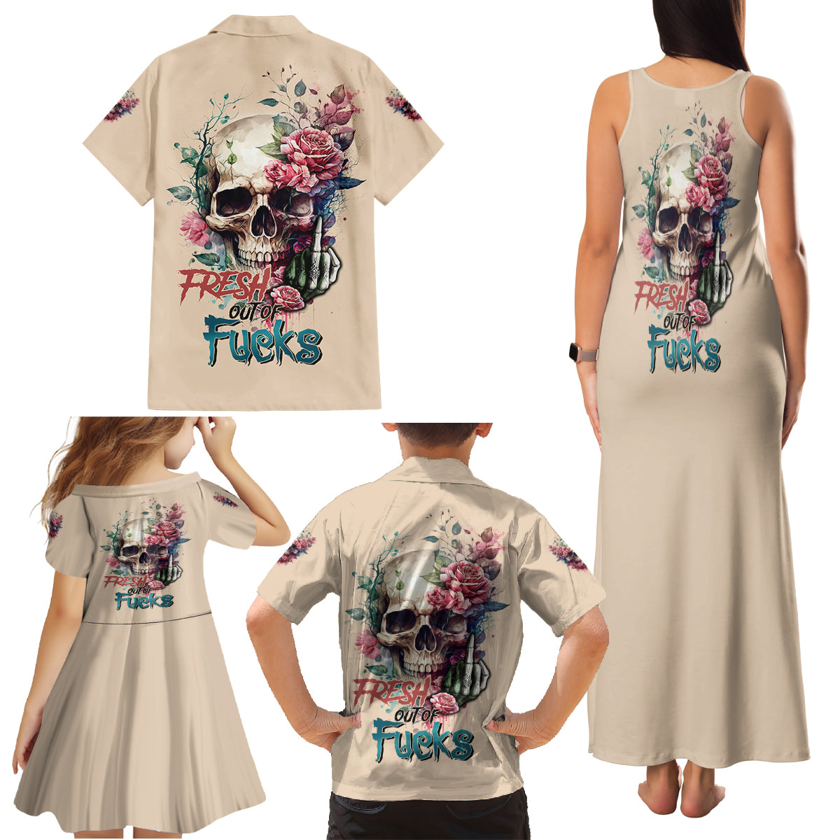 Fresh Out Of F Watercolor Skull Family Matching Tank Maxi Dress and Hawaiian Shirt - Wonder Print Shop