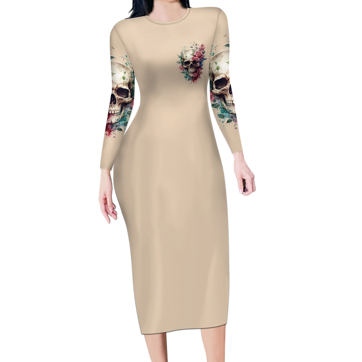 Fresh Out Of F Watercolor Skull Long Sleeve Bodycon Dress - Wonder Print Shop