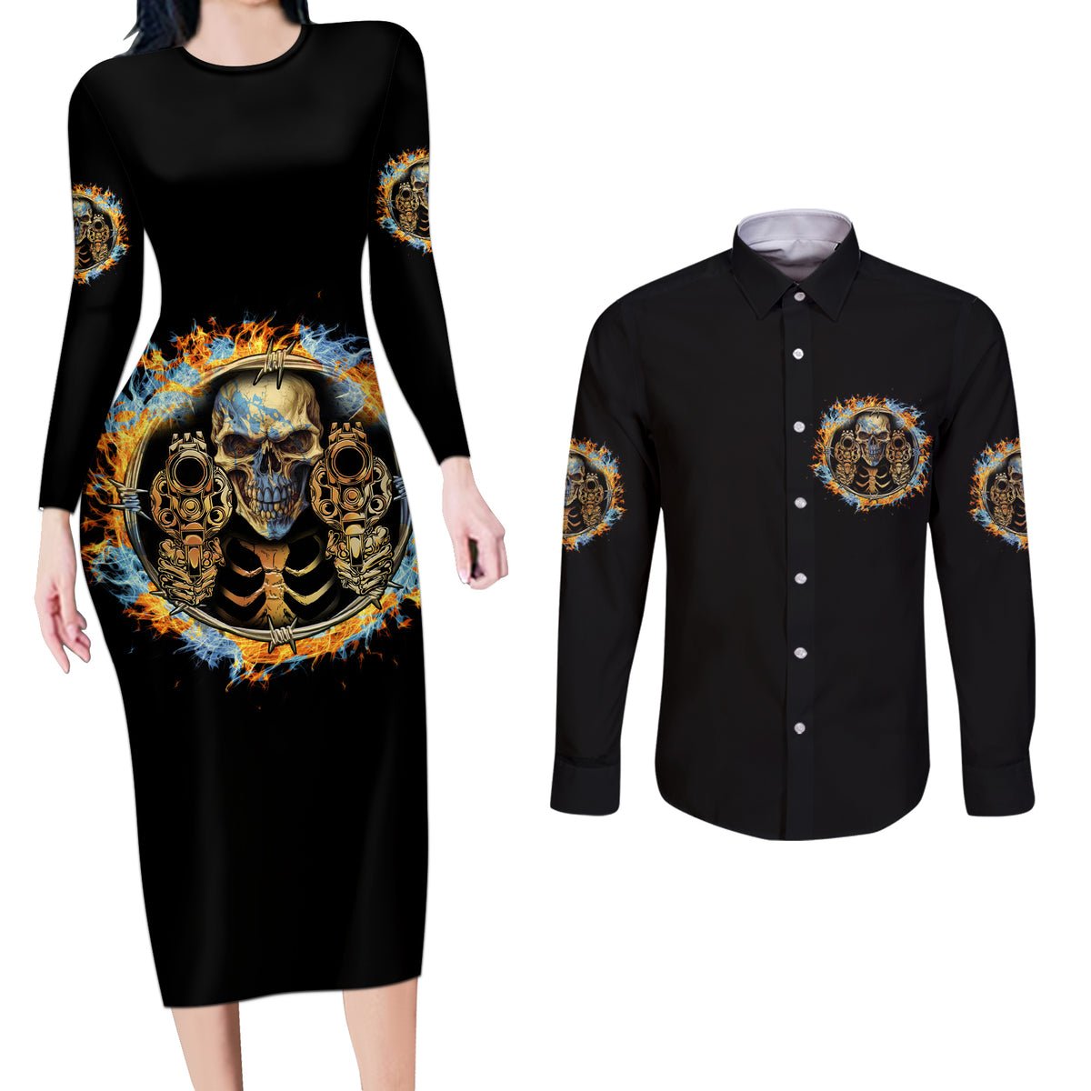 Now I Lay Me Down To Sleep Couples Matching Long Sleeve Bodycon Dress and Long Sleeve Button Shirt - Wonder Print Shop