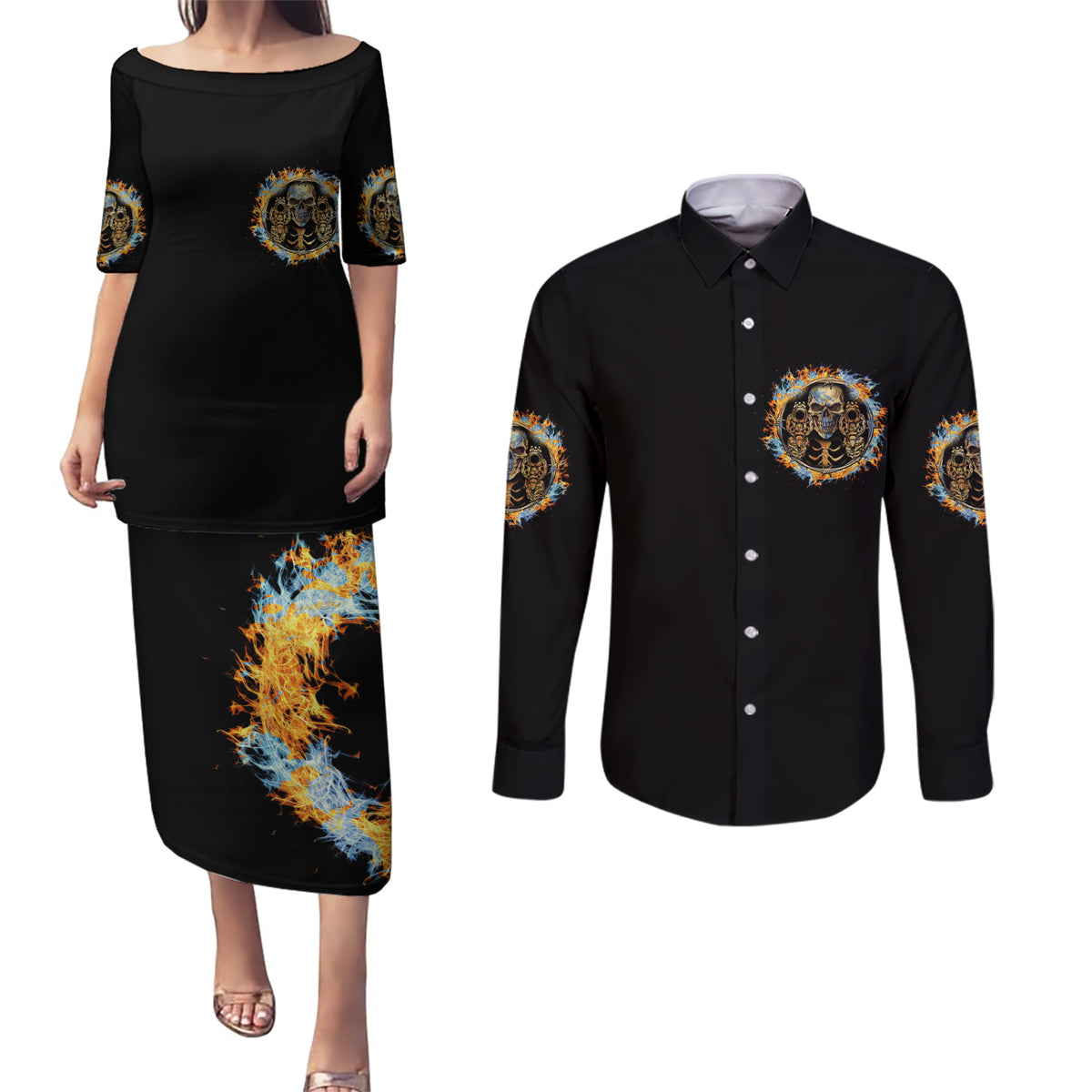 Now I Lay Me Down To Sleep Couples Matching Puletasi Dress and Long Sleeve Button Shirt - Wonder Print Shop