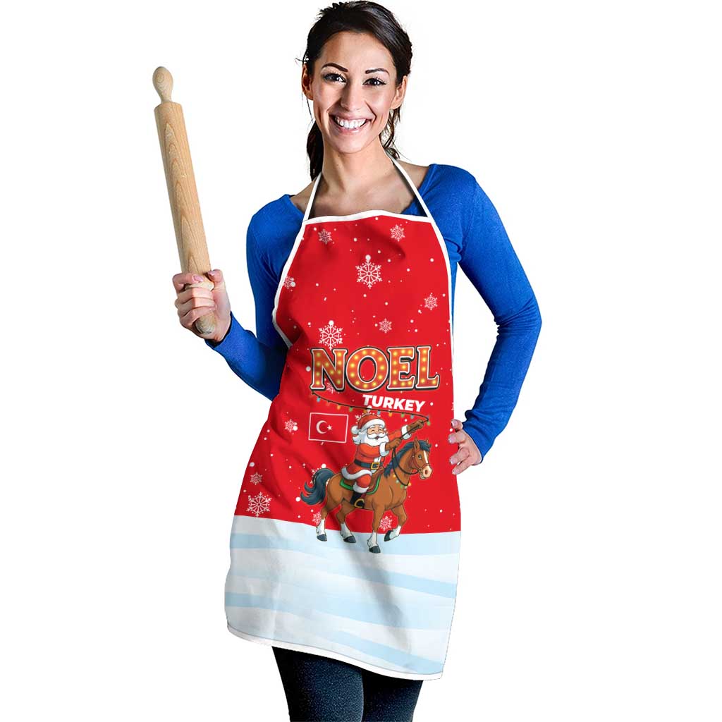Turkey Christmas Apron with Santa on Horse Red Snowflake Pattern and Crescent Star - Wonder Print Shop