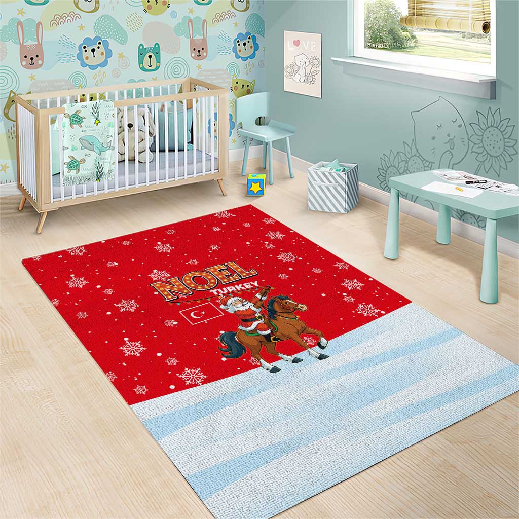 Turkey Christmas Area Rug with Santa on Horse Red Snowflake Pattern and Crescent Star - Wonder Print Shop