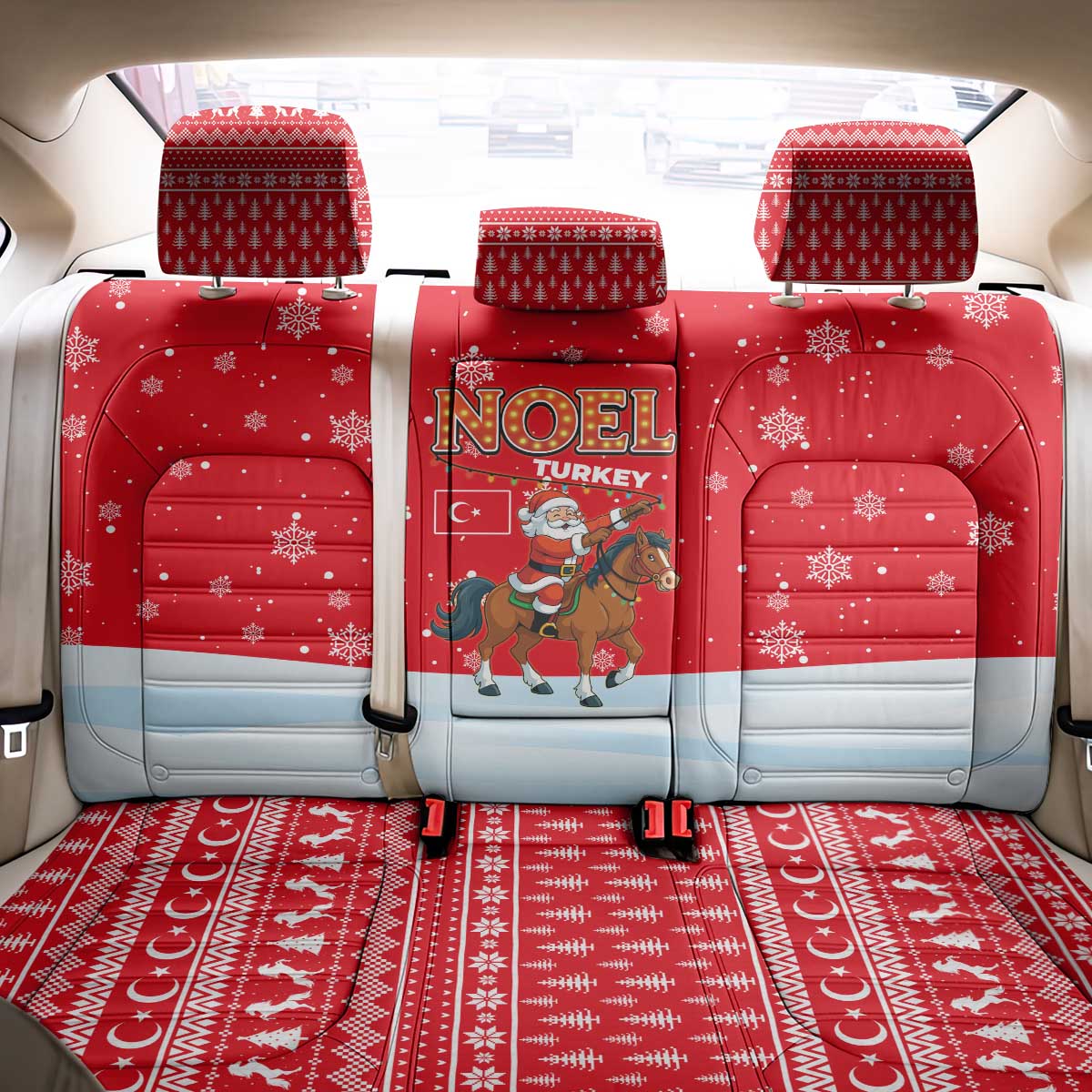 Turkey Christmas Back Car Seat Cover with Santa on Horse Red Snowflake Pattern and Crescent Star - Wonder Print Shop
