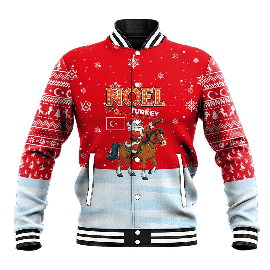 Turkey Christmas Baseball Jacket with Santa on Horse Red Snowflake Pattern and Crescent Star - Wonder Print Shop