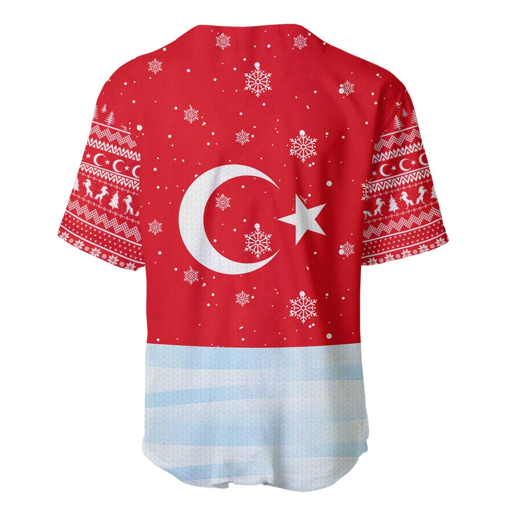 Turkey Christmas Baseball Jersey with Santa on Horse Red Snowflake Pattern and Crescent Star - Wonder Print Shop