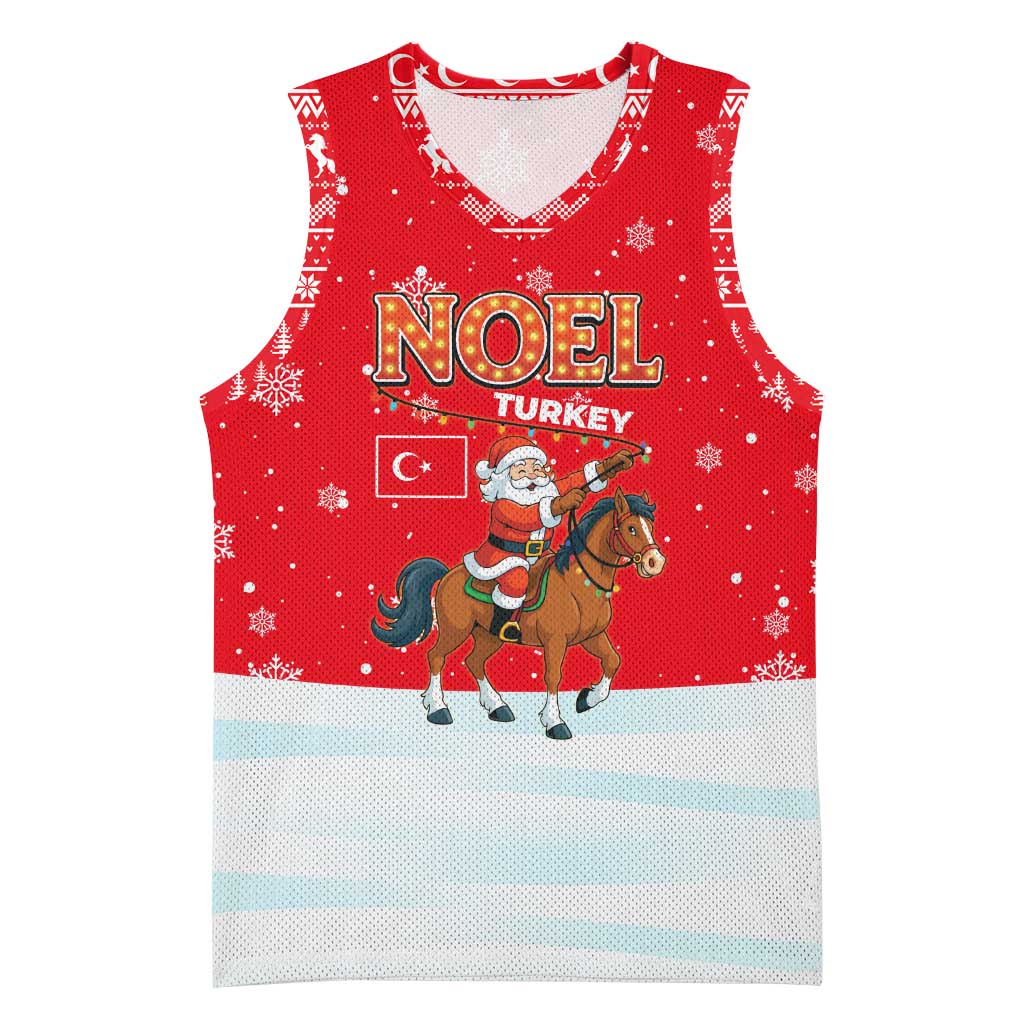 Turkey Christmas Basketball Jersey with Santa on Horse Red Snowflake Pattern and Crescent Star - Wonder Print Shop