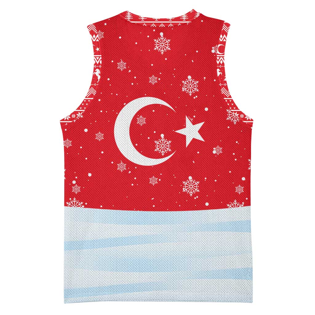 Turkey Christmas Basketball Jersey with Santa on Horse Red Snowflake Pattern and Crescent Star - Wonder Print Shop