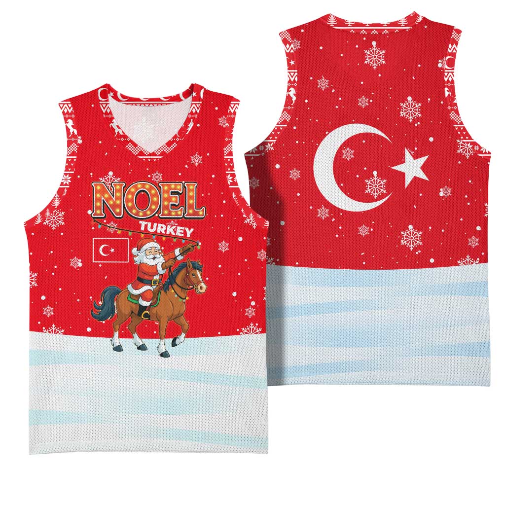 Turkey Christmas Basketball Jersey with Santa on Horse Red Snowflake Pattern and Crescent Star - Wonder Print Shop