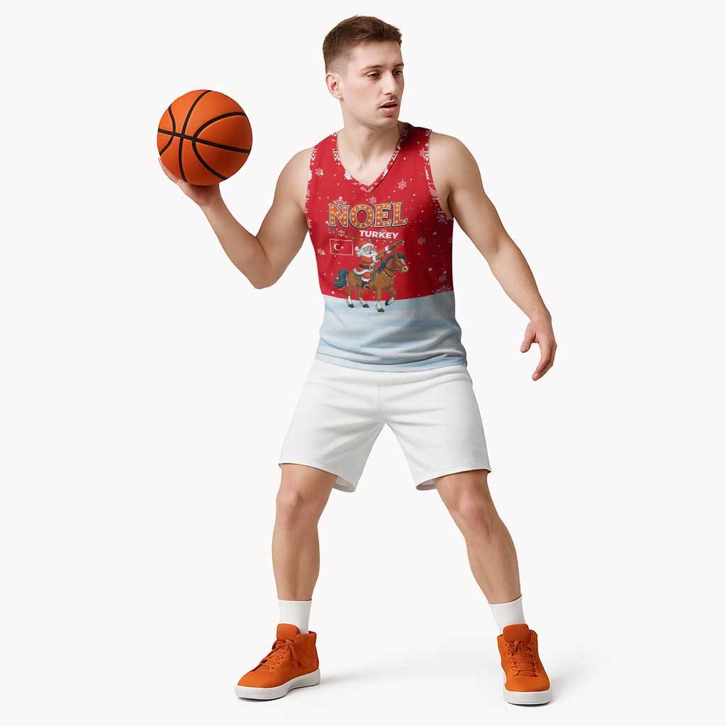 Turkey Christmas Basketball Jersey with Santa on Horse Red Snowflake Pattern and Crescent Star - Wonder Print Shop