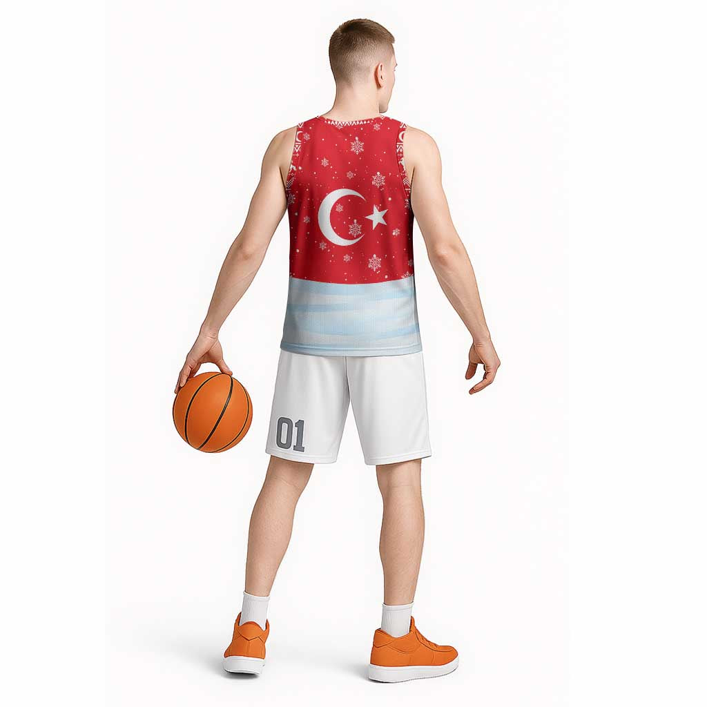 Turkey Christmas Basketball Jersey with Santa on Horse Red Snowflake Pattern and Crescent Star - Wonder Print Shop