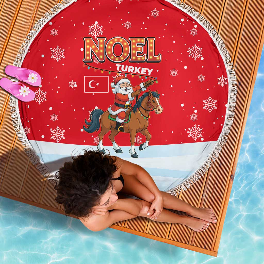 Turkey Christmas Beach Blanket with Santa on Horse Red Snowflake Pattern and Crescent Star - Wonder Print Shop