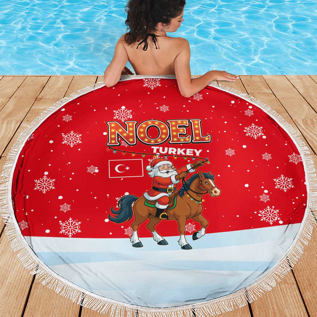 Turkey Christmas Beach Blanket with Santa on Horse Red Snowflake Pattern and Crescent Star - Wonder Print Shop