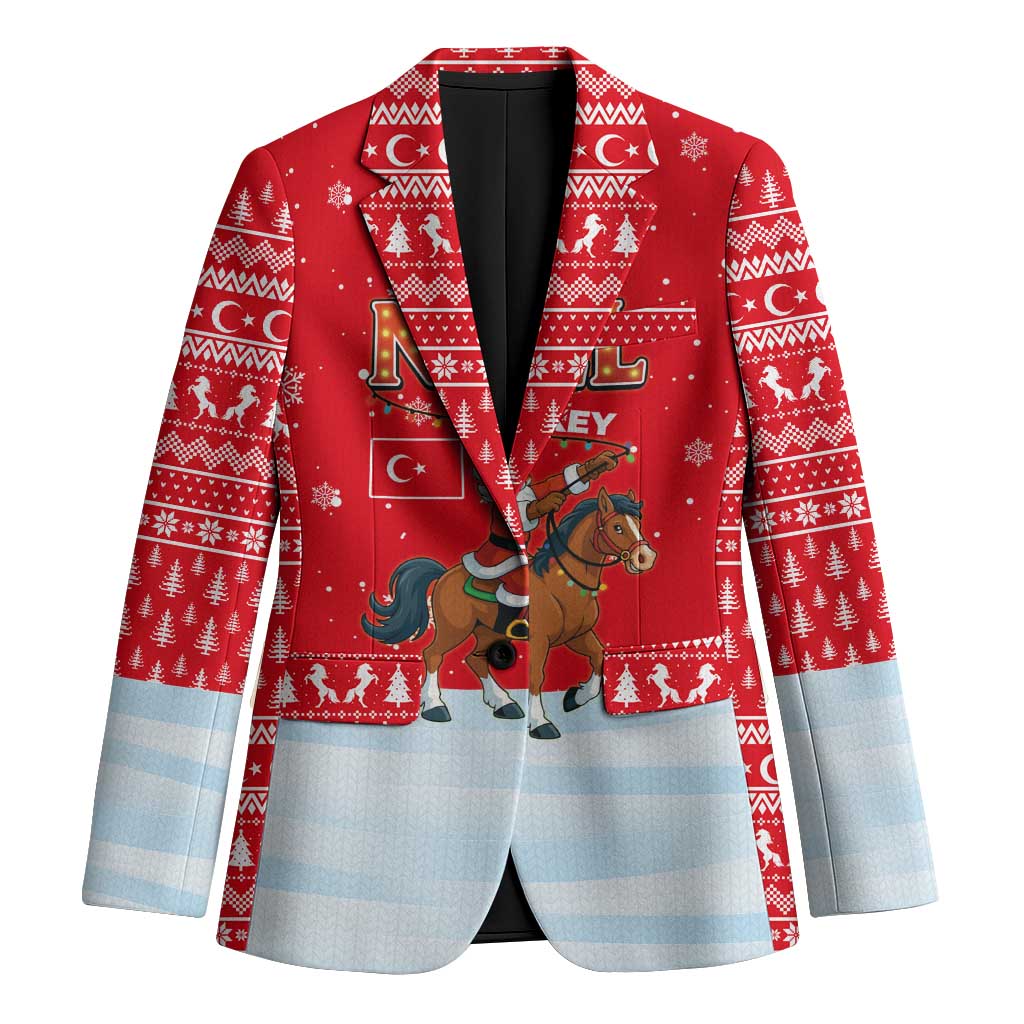 Turkey Christmas Blazer with Santa on Horse Red Snowflake Pattern and Crescent Star - Wonder Print Shop