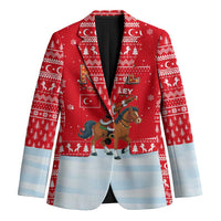 Turkey Christmas Blazer with Santa on Horse Red Snowflake Pattern and Crescent Star - Wonder Print Shop
