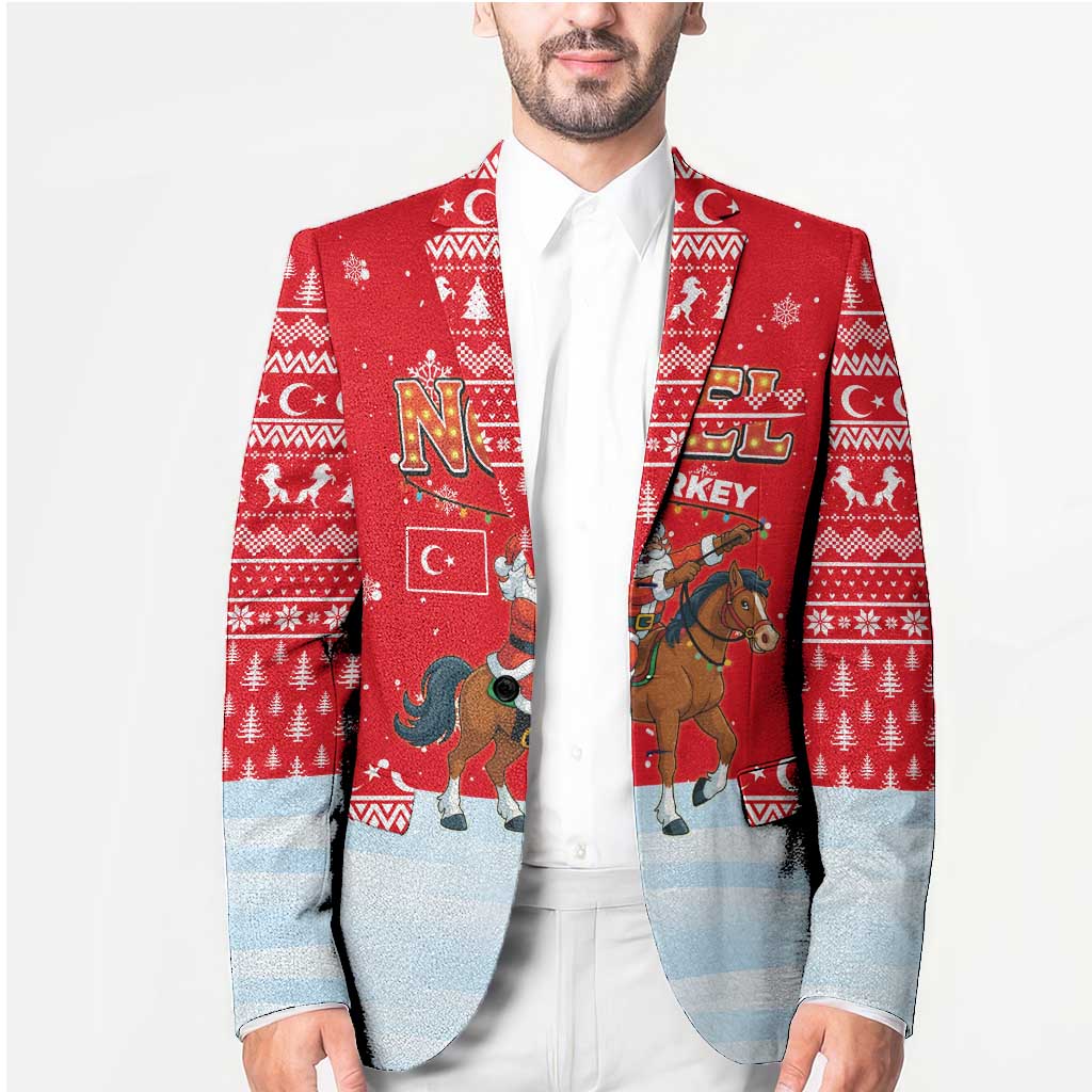 Turkey Christmas Blazer with Santa on Horse Red Snowflake Pattern and Crescent Star - Wonder Print Shop