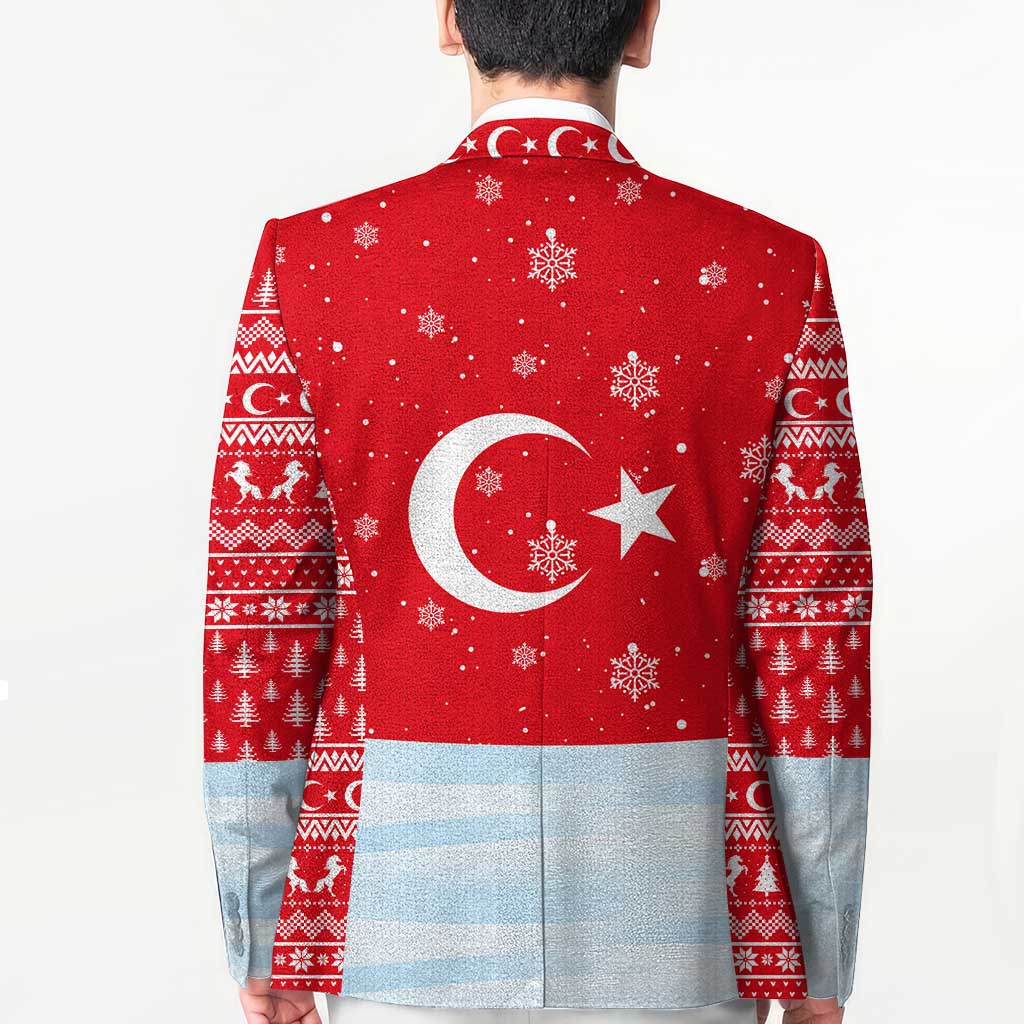 Turkey Christmas Blazer with Santa on Horse Red Snowflake Pattern and Crescent Star - Wonder Print Shop