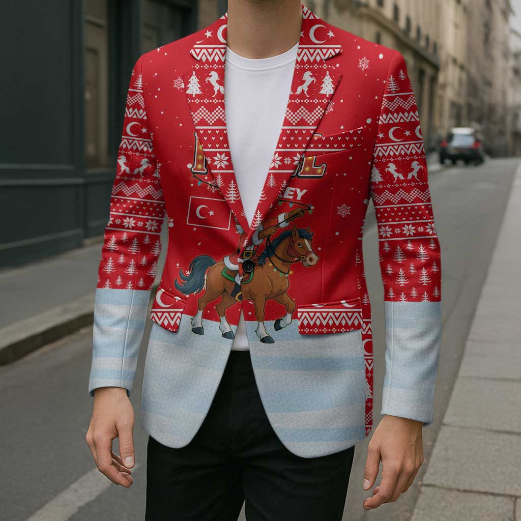 Turkey Christmas Blazer with Santa on Horse Red Snowflake Pattern and Crescent Star - Wonder Print Shop