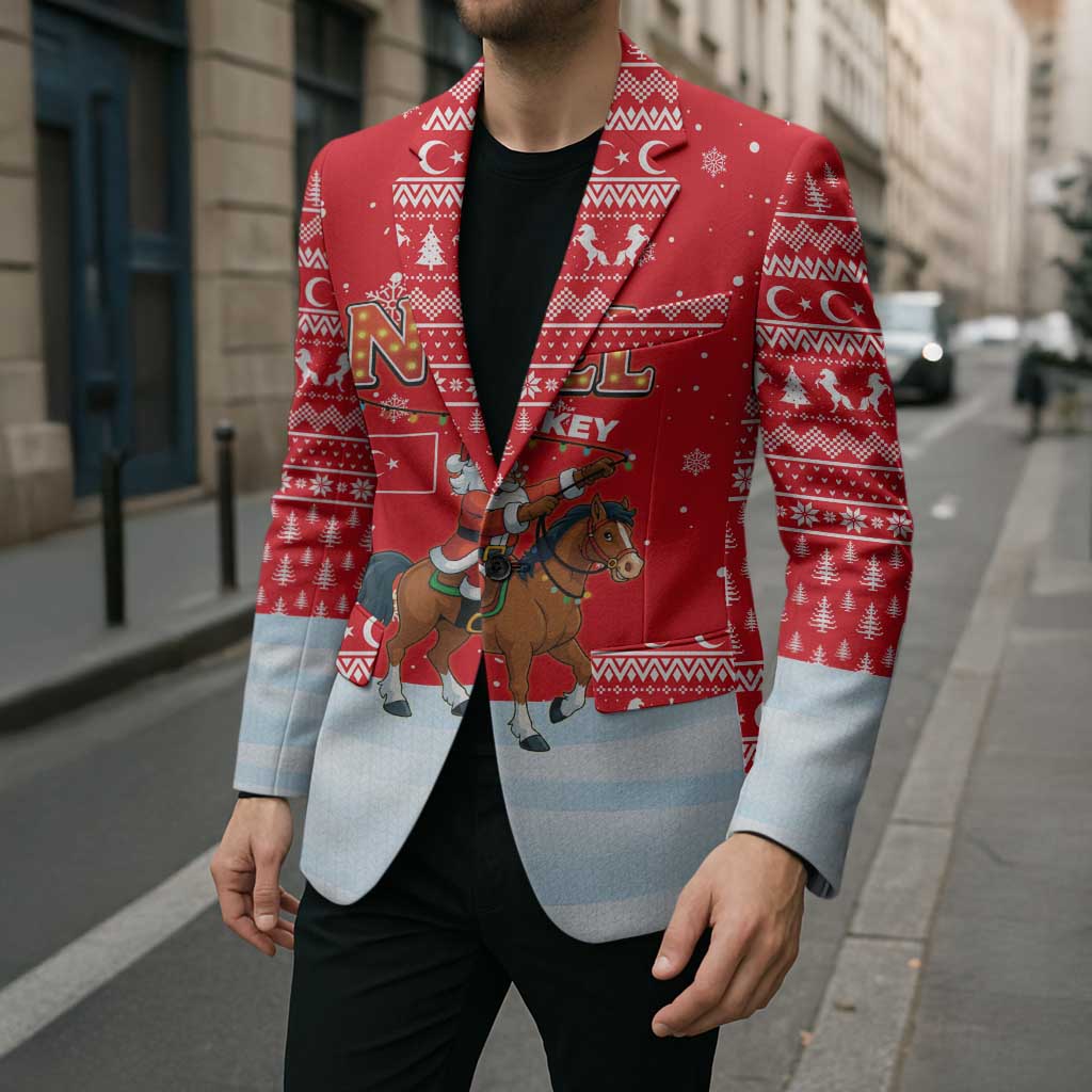 Turkey Christmas Blazer with Santa on Horse Red Snowflake Pattern and Crescent Star - Wonder Print Shop