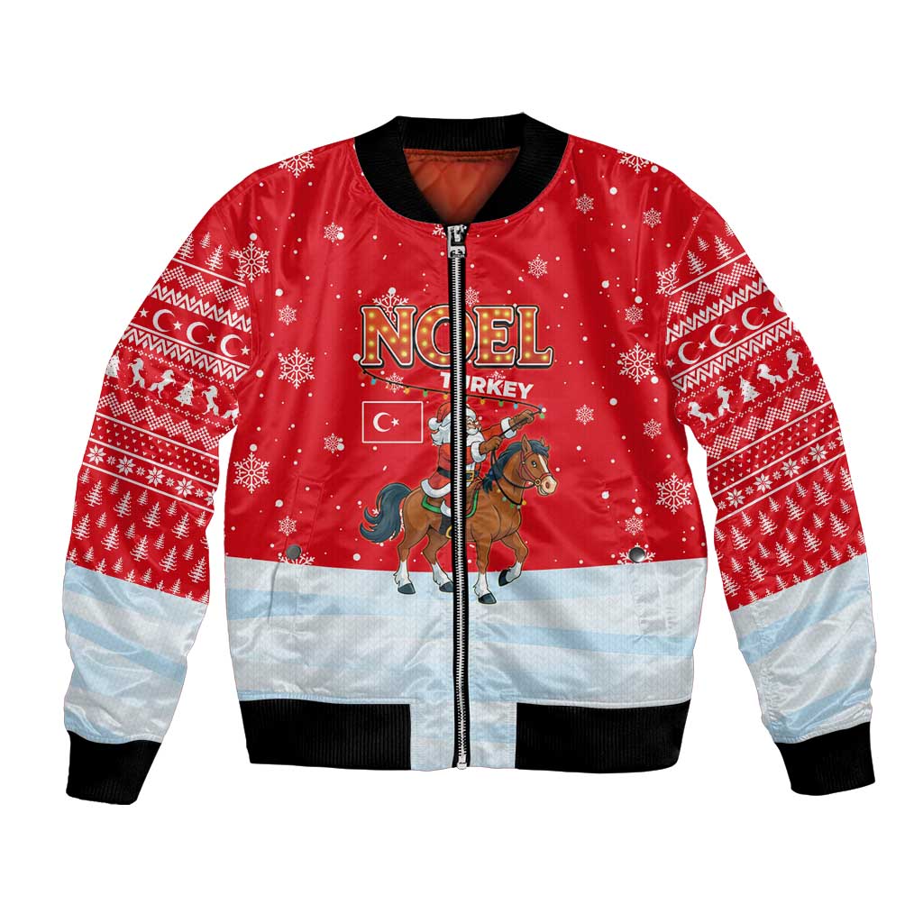 Turkey Christmas Bomber Jacket with Santa on Horse Red Snowflake Pattern and Crescent Star - Wonder Print Shop