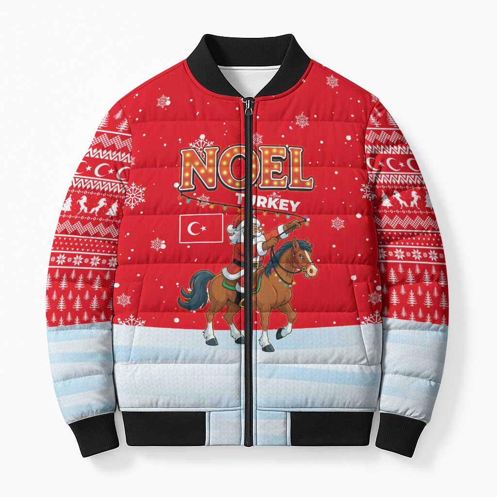 Turkey Christmas Bomber Puffer Jacket with Santa on Horse Red Snowflake Pattern and Crescent Star - Wonder Print Shop