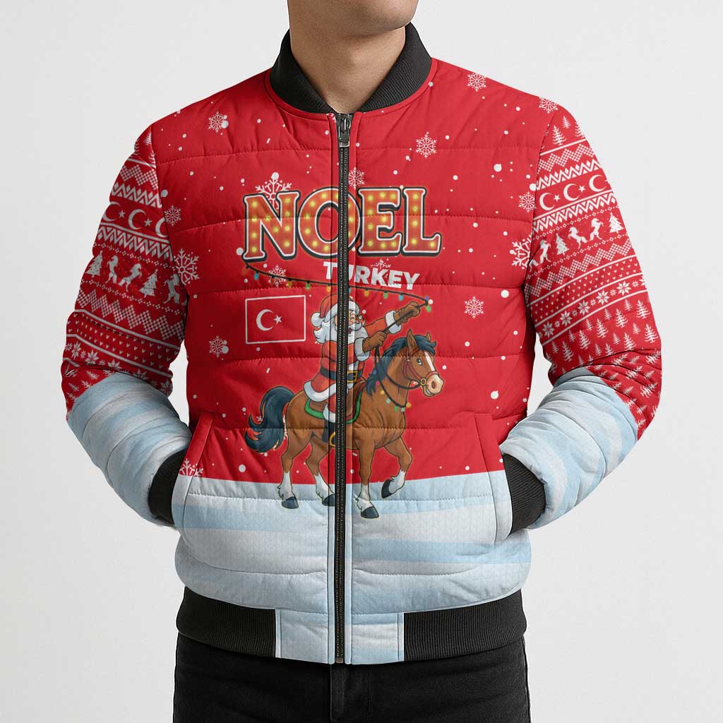 Turkey Christmas Bomber Puffer Jacket with Santa on Horse Red Snowflake Pattern and Crescent Star - Wonder Print Shop