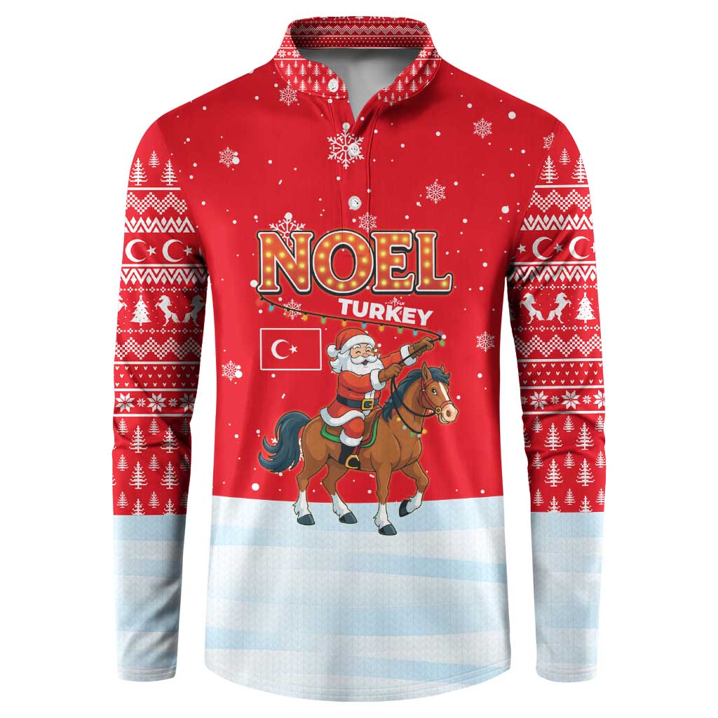 Turkey Christmas Button Sweatshirt with Santa on Horse Red Snowflake Pattern and Crescent Star - Wonder Print Shop