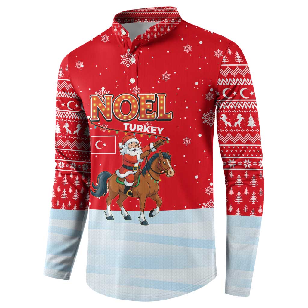 Turkey Christmas Button Sweatshirt with Santa on Horse Red Snowflake Pattern and Crescent Star - Wonder Print Shop