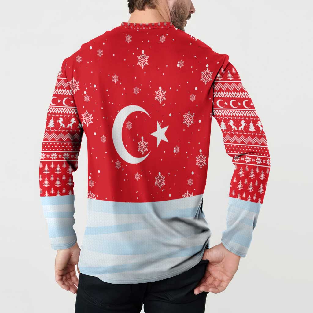 Turkey Christmas Button Sweatshirt with Santa on Horse Red Snowflake Pattern and Crescent Star - Wonder Print Shop