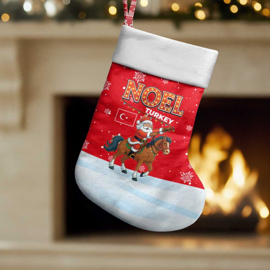Turkey Christmas Stocking with Santa on Horse Red Snowflake Pattern and Crescent Star - Wonder Print Shop