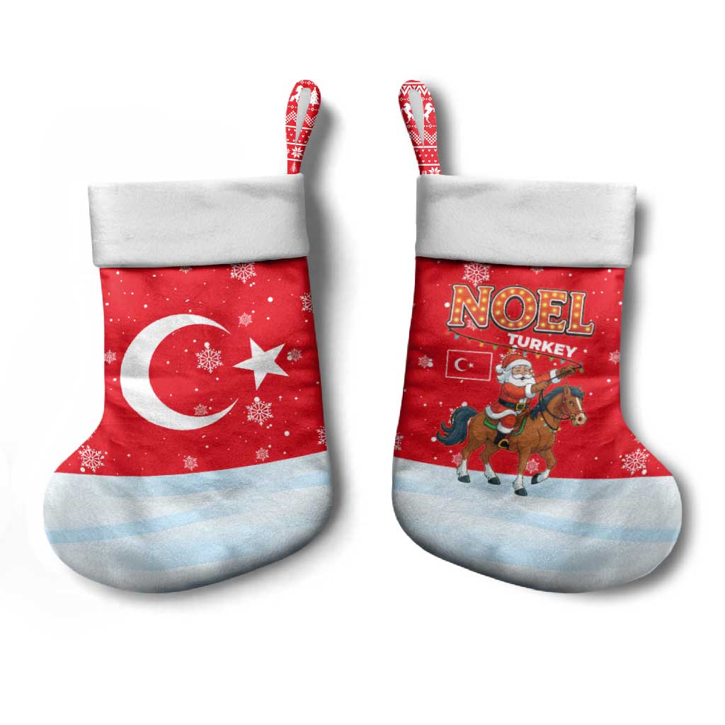 Turkey Christmas Stocking with Santa on Horse Red Snowflake Pattern and Crescent Star - Wonder Print Shop