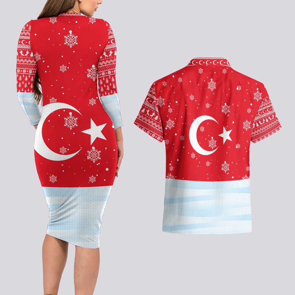 Turkey Christmas Couples Matching Long Sleeve Bodycon Dress and Hawaiian Shirt with Santa on Horse Red Snowflake Pattern and Crescent Star - Wonder Print Shop