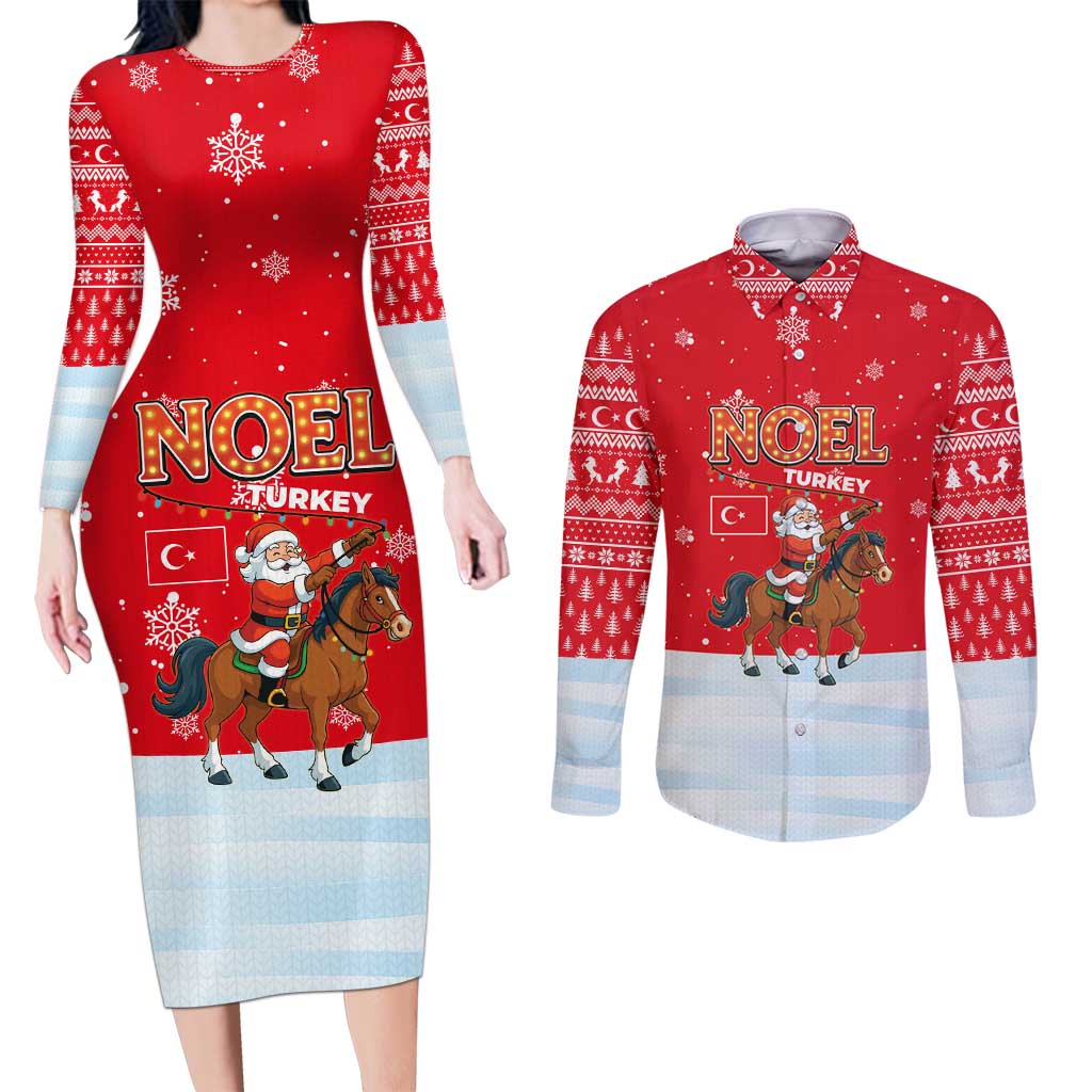 Turkey Christmas Couples Matching Long Sleeve Bodycon Dress and Long Sleeve Button Shirt with Santa on Horse Red Snowflake Pattern and Crescent Star - Wonder Print Shop