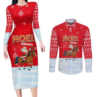 Turkey Christmas Couples Matching Long Sleeve Bodycon Dress and Long Sleeve Button Shirt with Santa on Horse Red Snowflake Pattern and Crescent Star - Wonder Print Shop