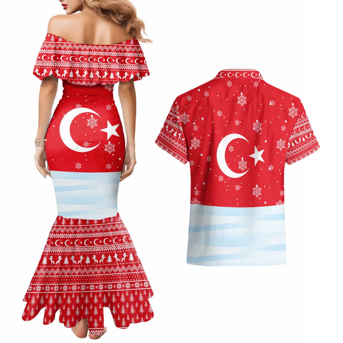 Turkey Christmas Couples Matching Mermaid Dress and Hawaiian Shirt with Santa on Horse Red Snowflake Pattern and Crescent Star - Wonder Print Shop