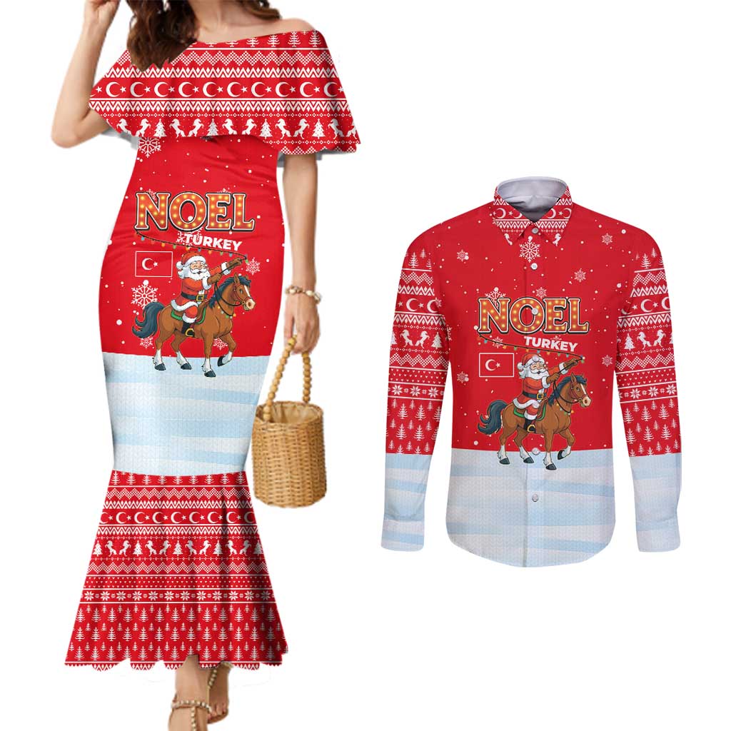 Turkey Christmas Couples Matching Mermaid Dress and Long Sleeve Button Shirt with Santa on Horse Red Snowflake Pattern and Crescent Star - Wonder Print Shop